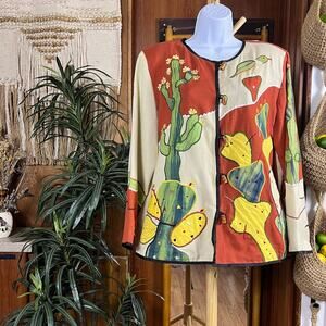 Indigo Moon Cactus Jacket L Southwestern Artwear Beaded Toggle Quilted Patchwork